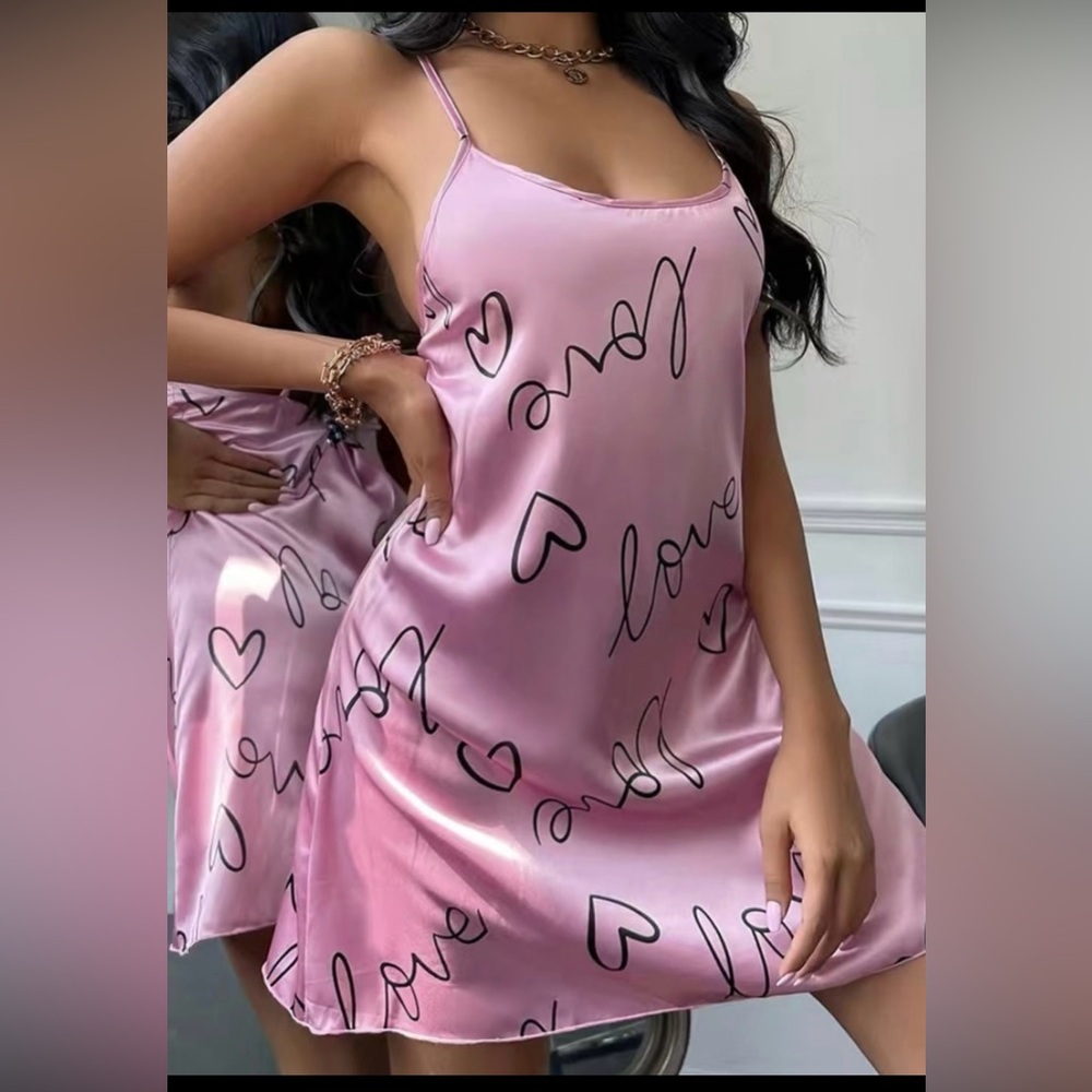 “LOVE” Letter Print Crisscross Slip Nightdress Nightgown Sleepwear Gown Nightie